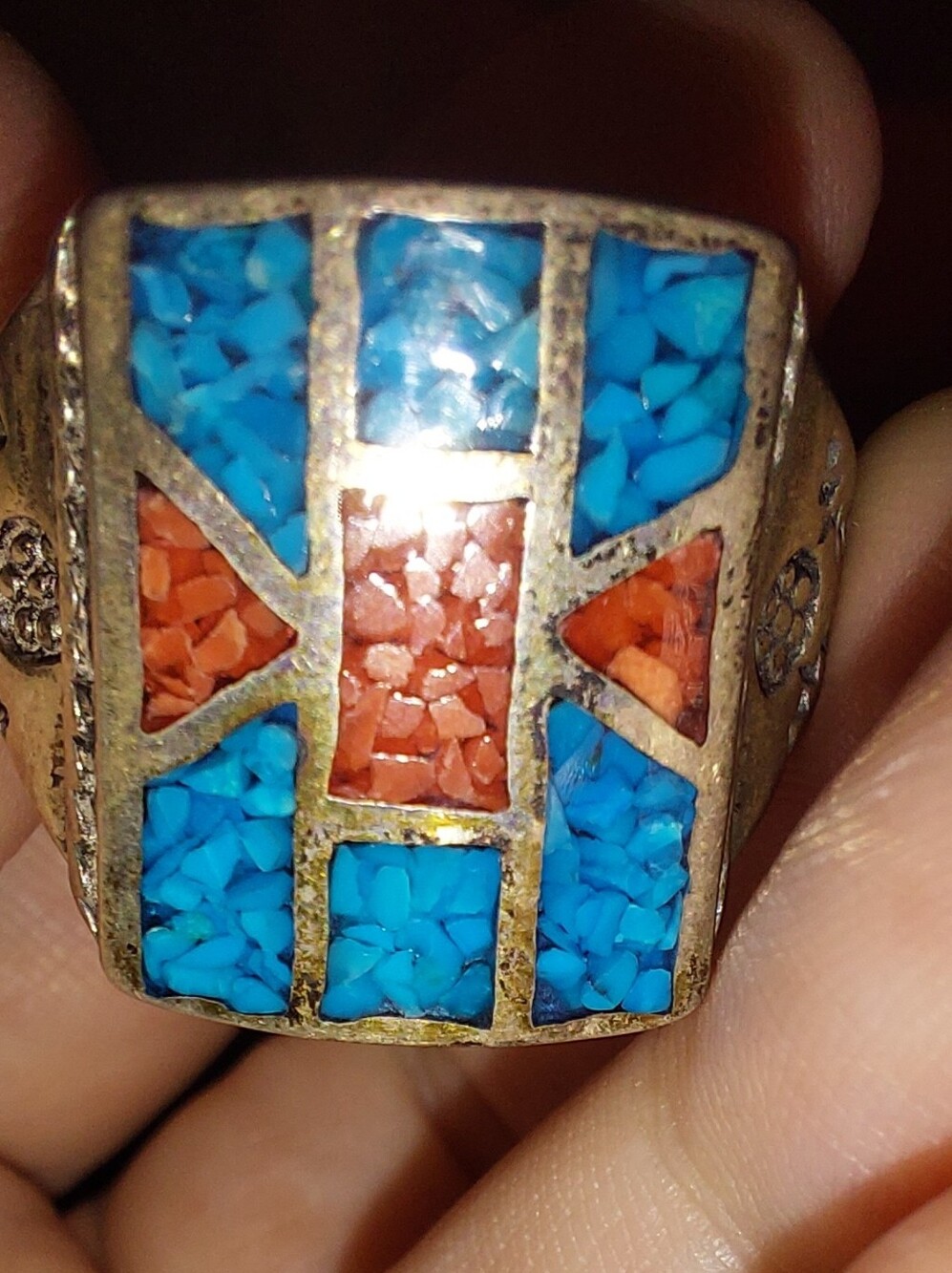 Mens Turquoise and Coral Inlay Carolyn Pollack Statement Ring Size 13